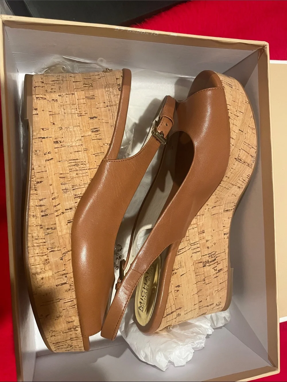 MICHAEL Michael Kors Tan Leather Cork Wedge Slingbacks